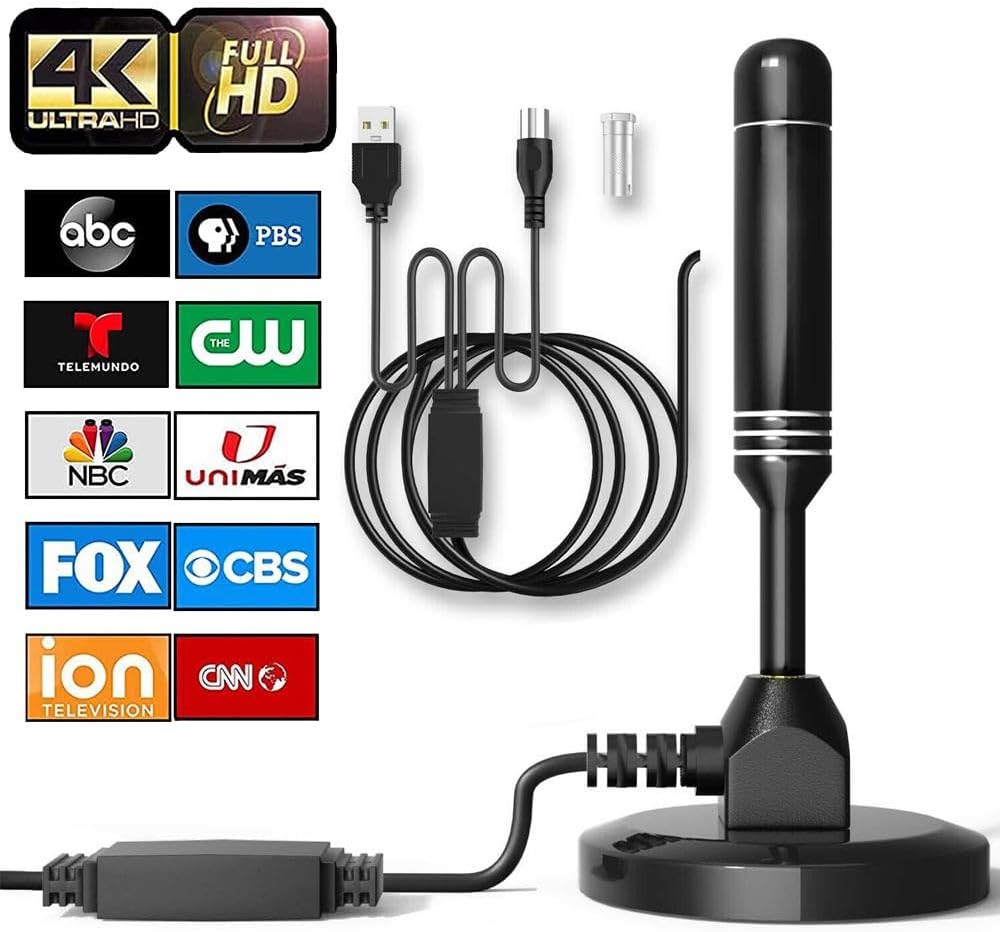 Digital TV Antenna for Smart TV Indoor, 4K 1080P HD TV Antenna for Local Channels, Support 360° Signal Reception UP to 300 Miles - 16.40FT Coax HDTV Cable
