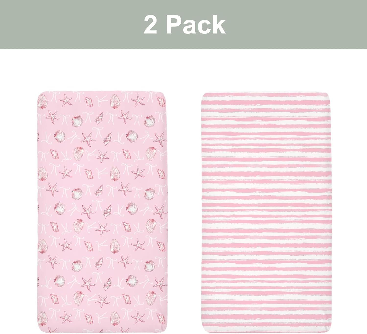 Pink Summer Conches Bows Sea Baby Crib Sheets for Girl 52x28Inch Ocean Seashells Striped Beach Soft Snug Fitted Crib Mattress Cover Boho Nautical Baby Sheet for Standard Crib & Toddler Mattress 2 Pack