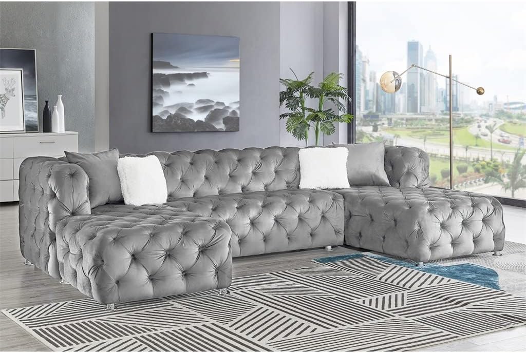 U-Shaped Modular Sofa Grey Velvet Fabric Living Room Sofa Living Room Furniture