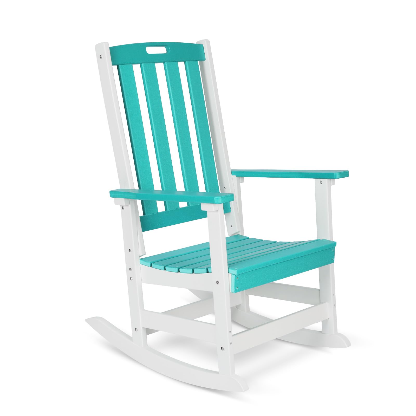 COWVIE Outdoor Rocking Chair, Ergonomic HDPE Rockers with All-Weather Design for Patio or Porch, Lake Blue and White