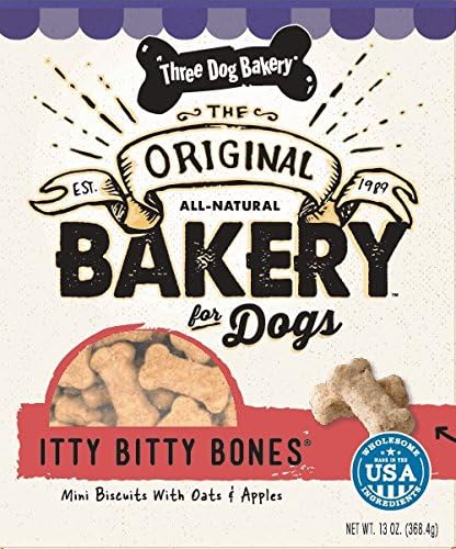 Three Dog Bakery Itty Bitty Bones, Baked Dog Treats, Oats & Apples, 13-Ounce
