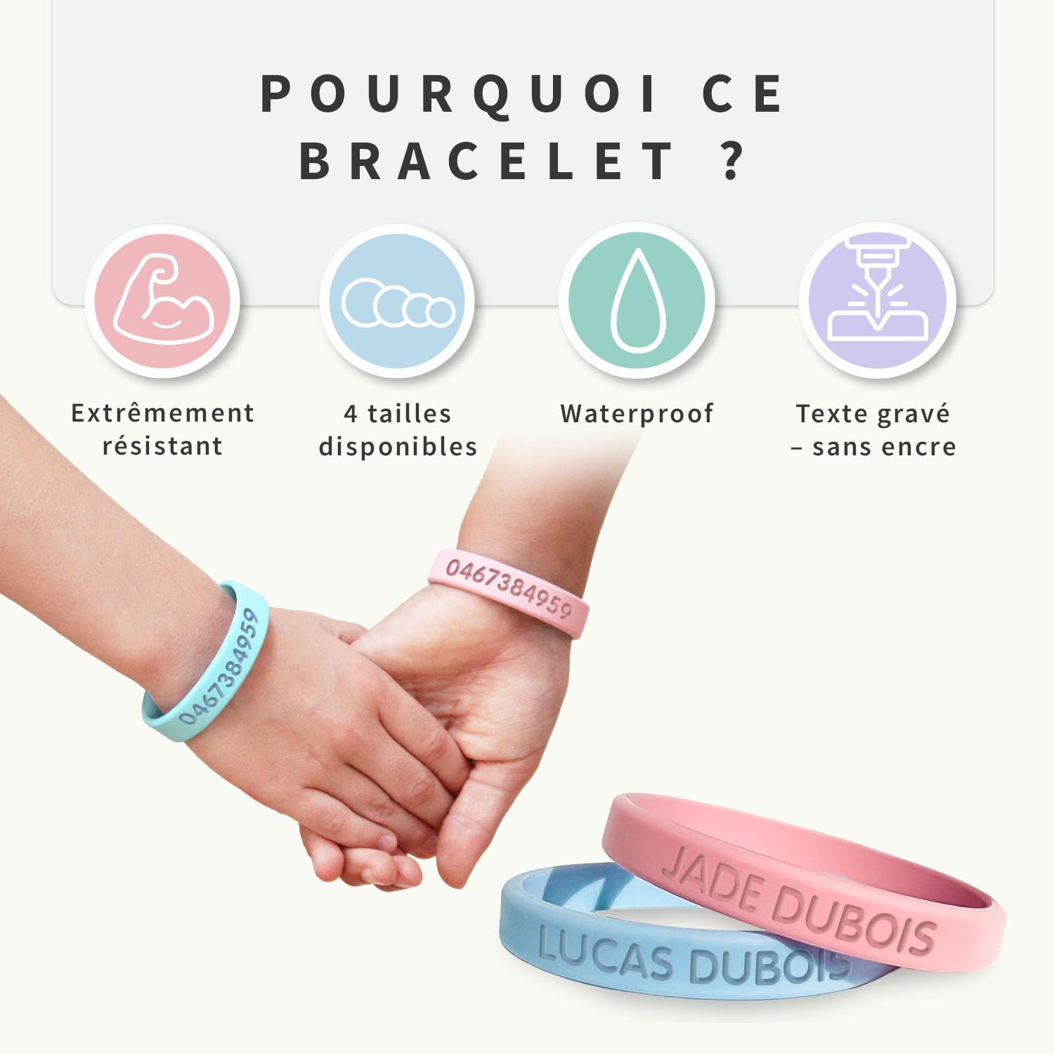 Bracelets d'Identification SOS Personnalisables pour Enfant avec Numéro de Téléphone - Lot de 2