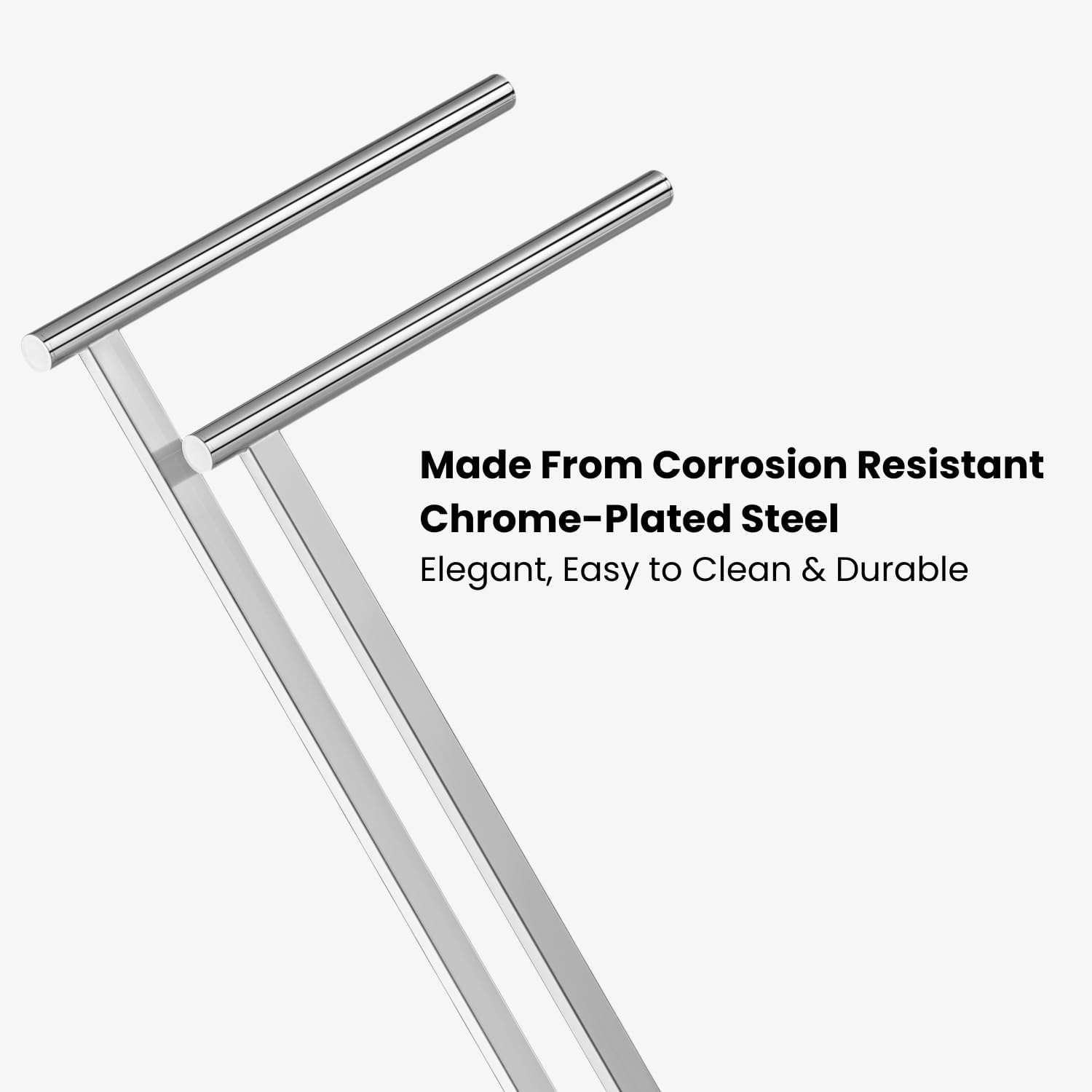 Torre & Tagus 32" Freestanding Chrome Towel Stand with Two-Tier Bars, Weighted Base and Padded Feet, Modern Minimalist Bathroom Towel Holder for Spa, Laundry or Indoor Pool Use