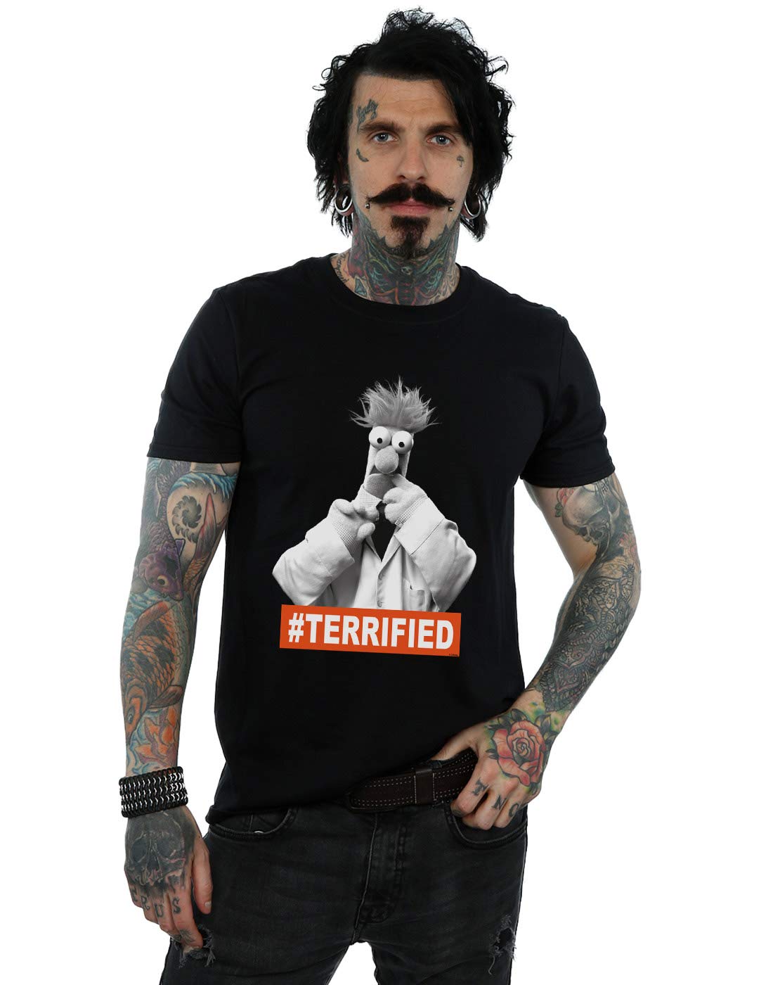 Absolute Cult Men's Black Disney The Muppets Beaker Terrified T-Shirt Large