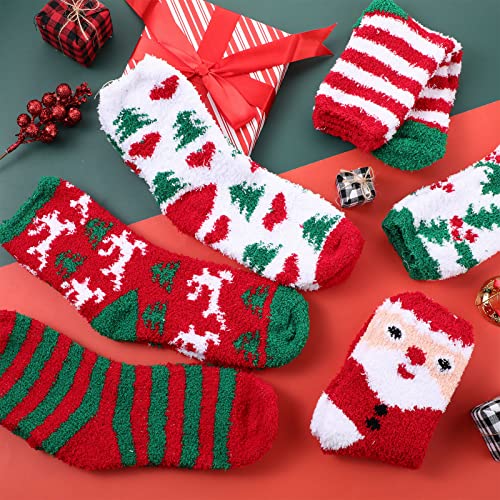 Image of Haysandy 6 Pairs Christmas Fuzzy Socks Gifts Bulk Xmas Holiday Fluffy Socks Women Men Kids Winter Warm Slipper Socks
