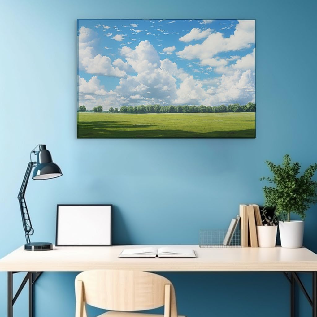Canvas for Living Room. Embracing Serenity: Where Grassy Fields Meet The Tranquil Forest Skies, 27 x 18 inch Canvas Wall Art - Ready to Hang