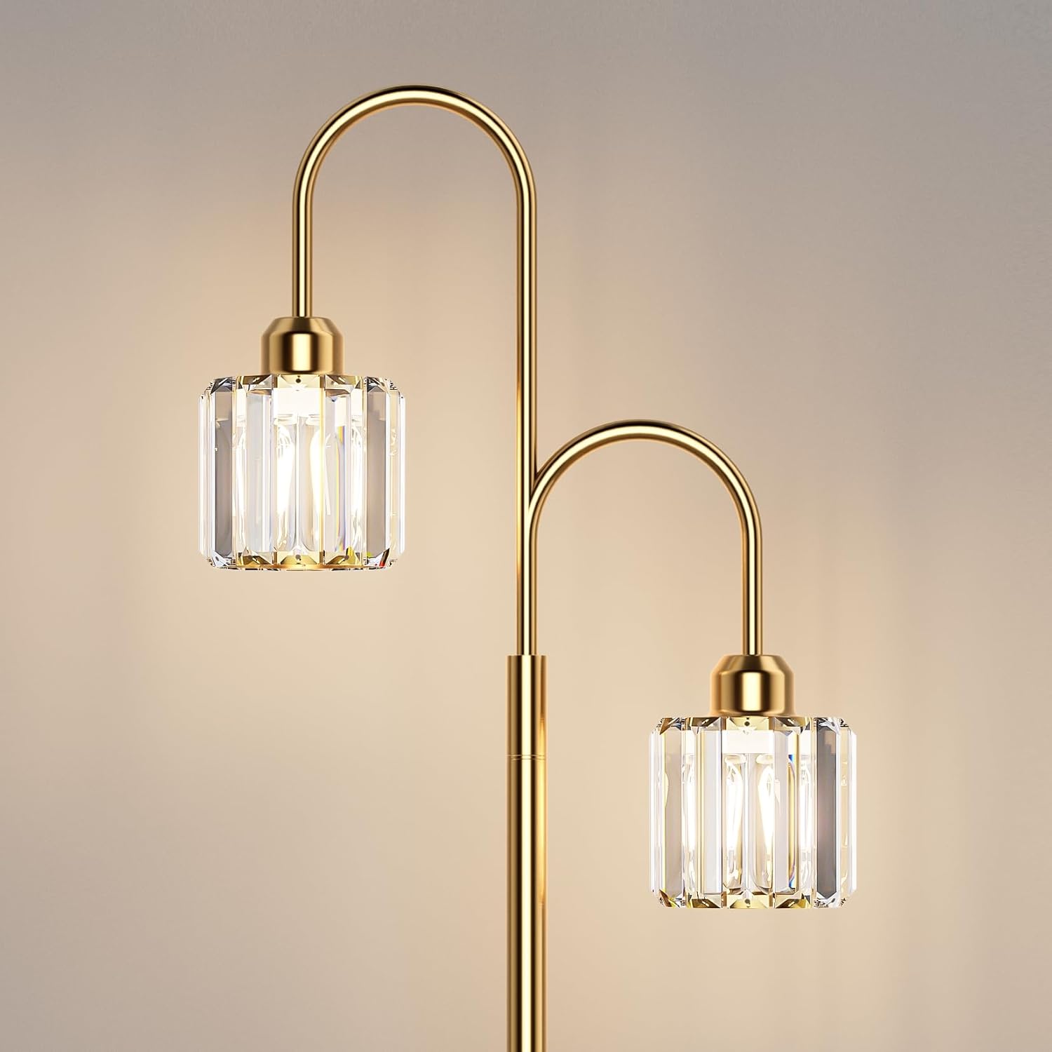2-Light Gold Crystal Floor Lamp for Living Room, Modern Elegance Floor Lamp for Bedroom, On/Off Foot Switch, Mini E26 Bulbs Excluded, Max 60W, Brass Finish Crystal Standing Light