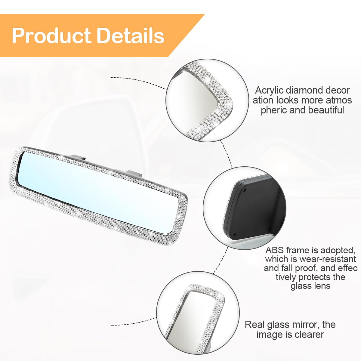 Bling Car Rearview Mirror Decorations Rear View Mirror with Crystal Rhinestones Diamonds Car Interior Trim Accessories Clip-on HD — view 3