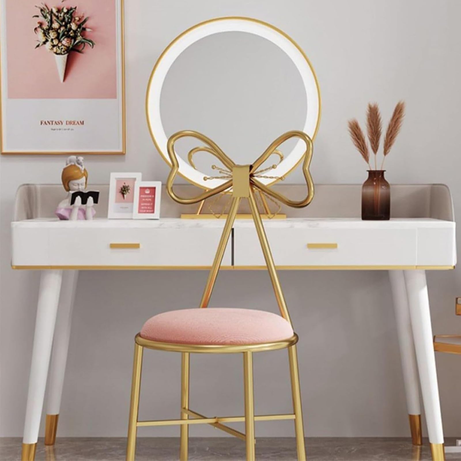 Vanity Chair - Sedia da Trucco for Ragazze, in Velluto Rosa, con Schienale Alto, con Fiocco, for Toletta, Camera da Letto, Spogliatoio, Seduta Comoda Ed Elegante(White)