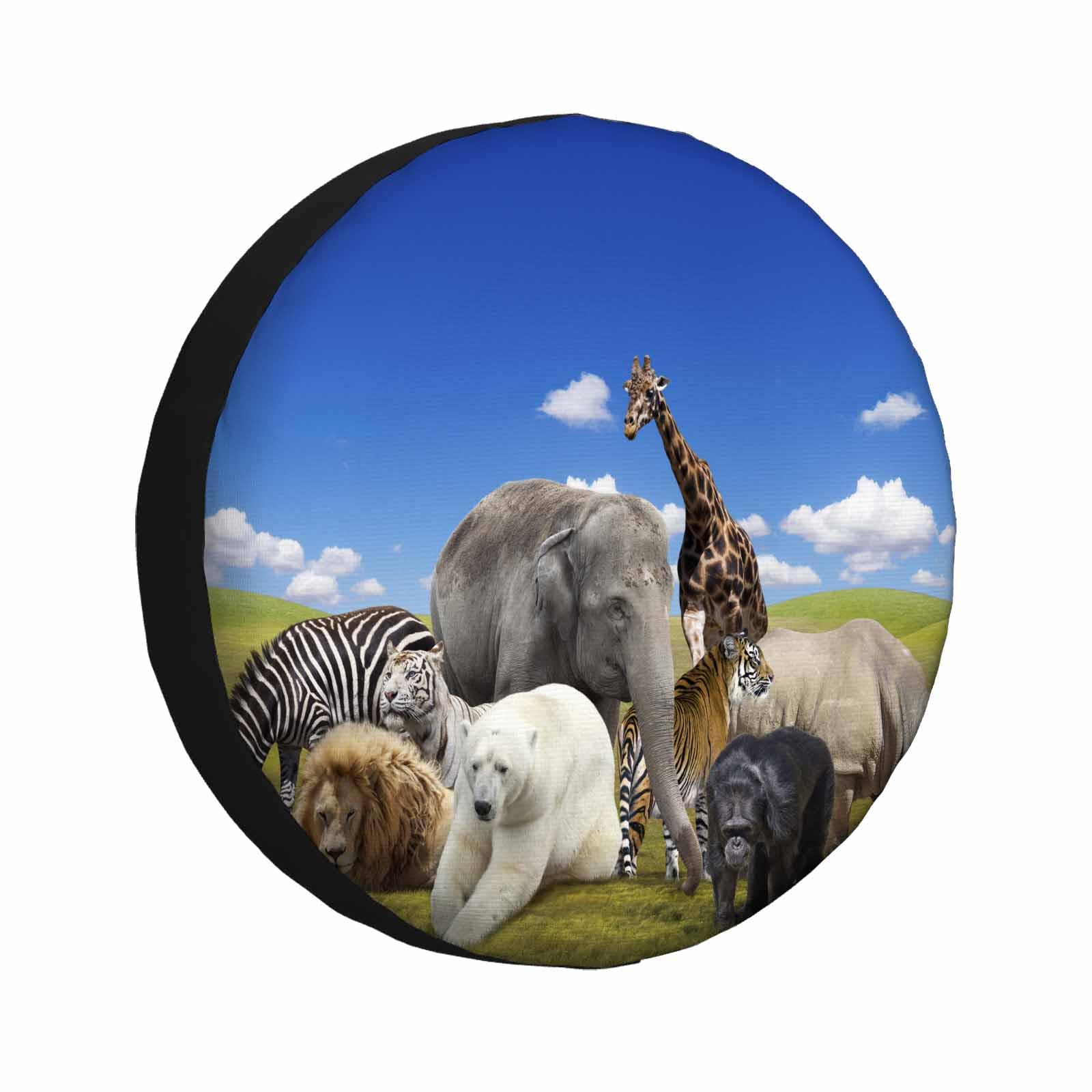 MIYASANGWild Animals Group Tire Covers for Trailers Elephant Lion Giraffe Zebra Rhinoceros Chimpanzee Tiger RV Spare Tire Cover Weatherproof Universal Wheel Protectors Fit Camper Travel (17 inch)