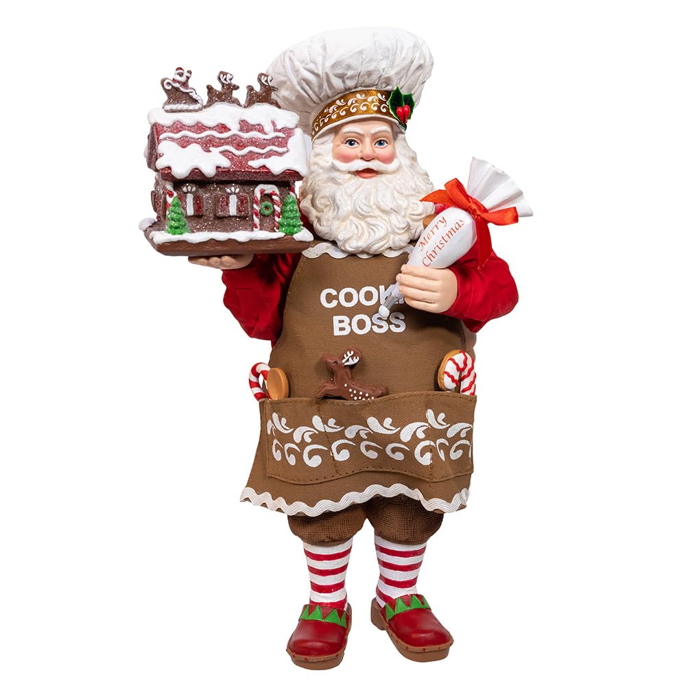 Kurt Adler Figurine de Père Noël en tissu de 26,7 cm, rouge et marron avec maison en pain d'épices et accents de bonbons - Décoration de Noël de cuisine de vacances - Vendeur FA0223