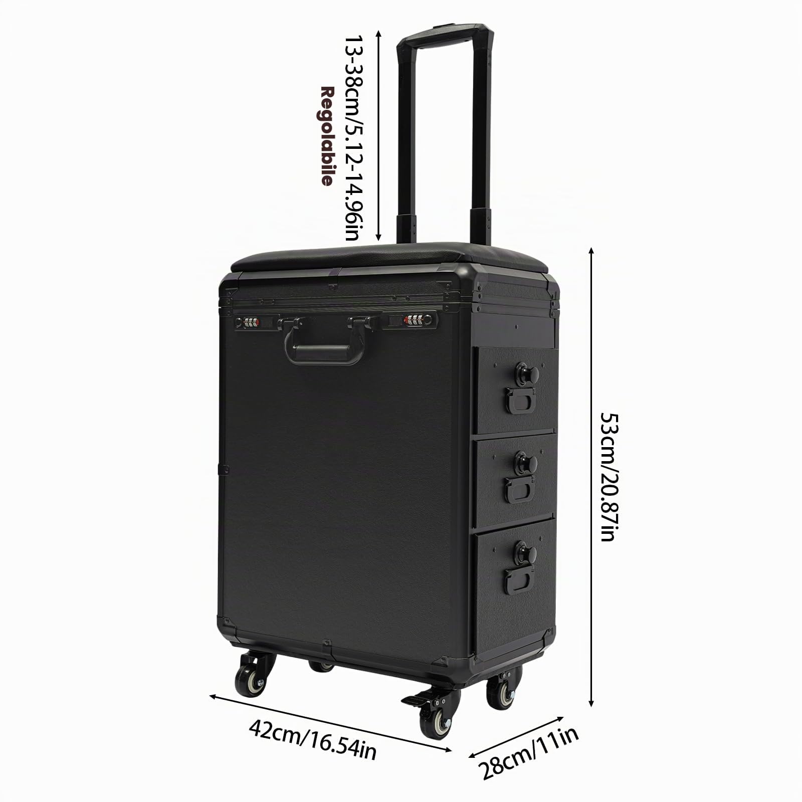 Valigetta cosmetica trolley con braccioli e lamiera metallica, per tatuaggi con 3 cassetti, per trucchi professionali, da tavolo per tatuaggi, da donna, con ruote