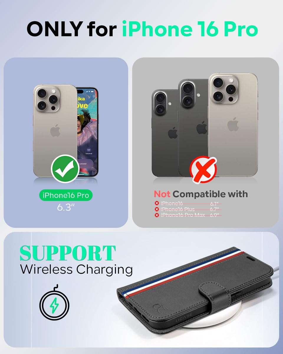 OCASE for iPhone 16 Pro Case, PU Leather Wallet, Magnetic Flip Folio Cover with RFID Blocking, Card Holders, Shockproof TPU - Image 2