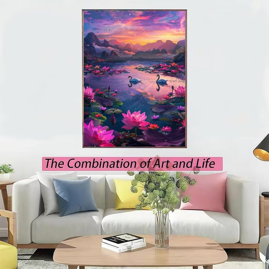 Peinture diamant fleur de lotus pour créer une ambiance zen dans votre salon 90x120cm