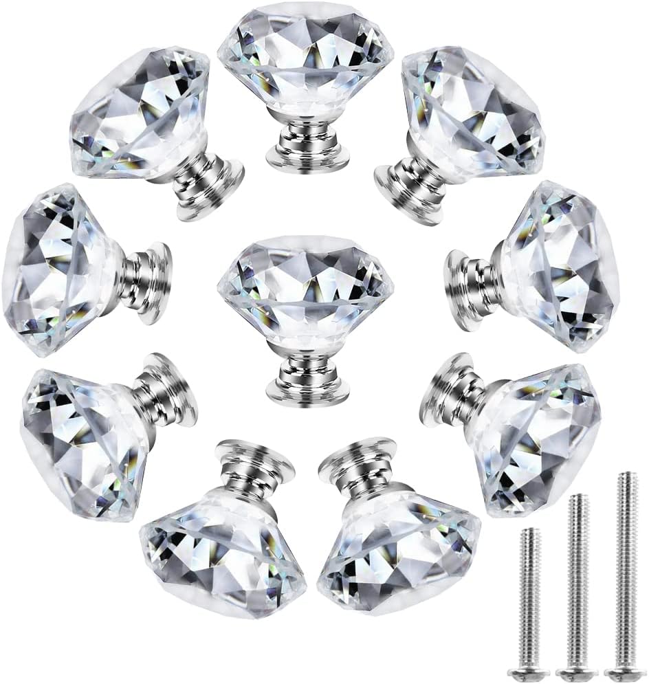 NORTHERN BROTHERS 10 Pack 30mm Crystal Cabinet Knobs, Diamond Glass Drawer Knobs with 3 Screw Sizes, for Dresser, Kitchen & Bathroom, Silver