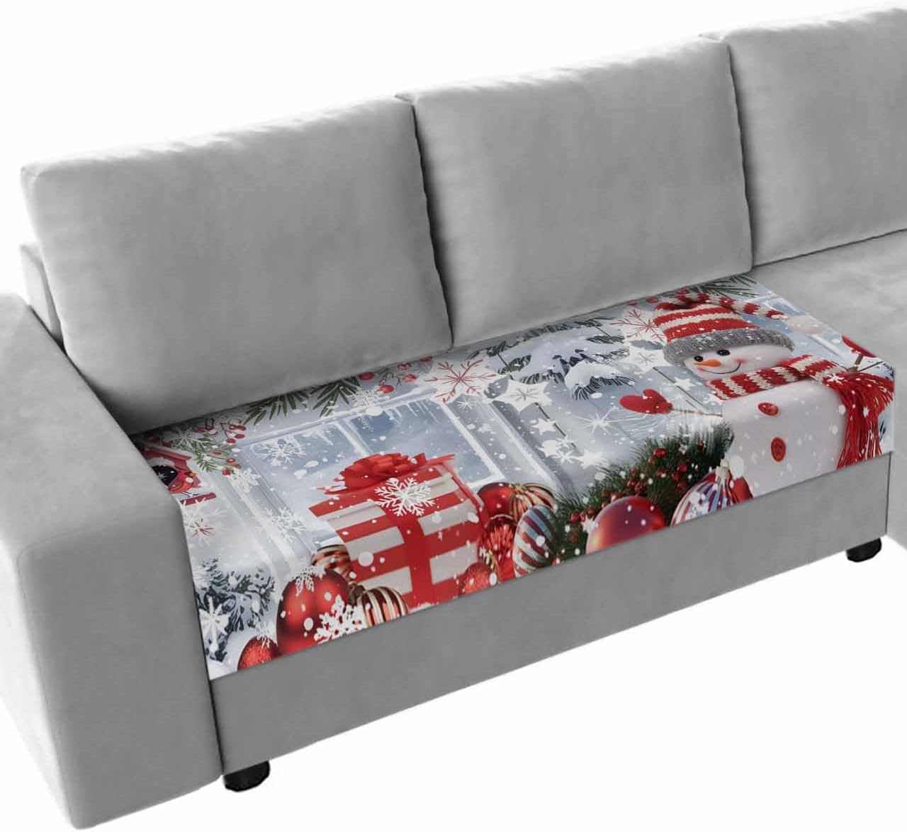 Xmas Snowman Stretch Couch Sofa Cushion Covers, Sectional/Individual/L/T Shape Sofa Couch Slipcover Armchair Furniture Slip Cover Protector with Elastic Bottom, Christmas Snowy Tree Branch M Size 1-PC