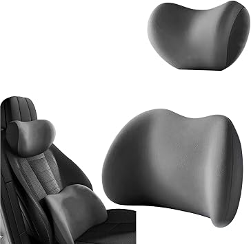 Car Headrest Lumbar Cushion Kit, Compatible with Onvo L60, Adjustable Comfortable Ergonomic Seat Kit, Set of 2 Grey