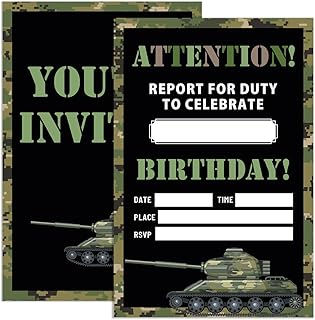 Army Birthday Invitations for Boys with Envelopes, Camo Military, Camouflage Tank Birthday Party Invitations Cards, Attention The Duty, 4x6 Set of 20