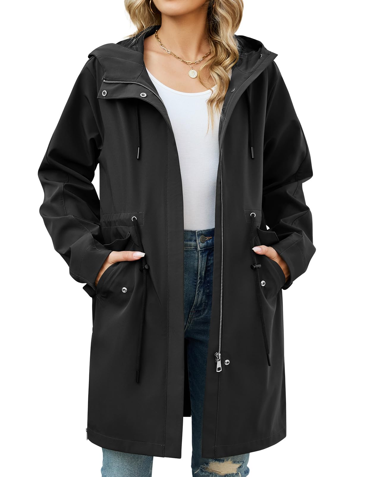 Tuopuda Giubbotto Leggero Donna con Cappuccio Cappotto Lungo con Vita Regolabile Parka Giacca a vento Idrorepellente per la Primavera Autunno