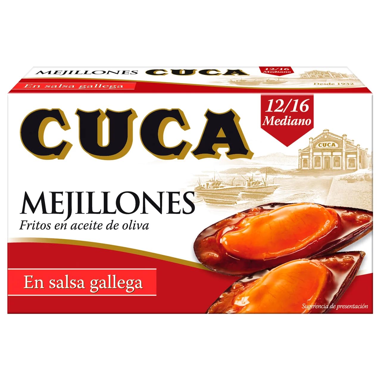 Cuca mejillones fritos en aceite de oliva, salsa gallega, lata de 12/16 unidades de 65 g, paquete de 9.