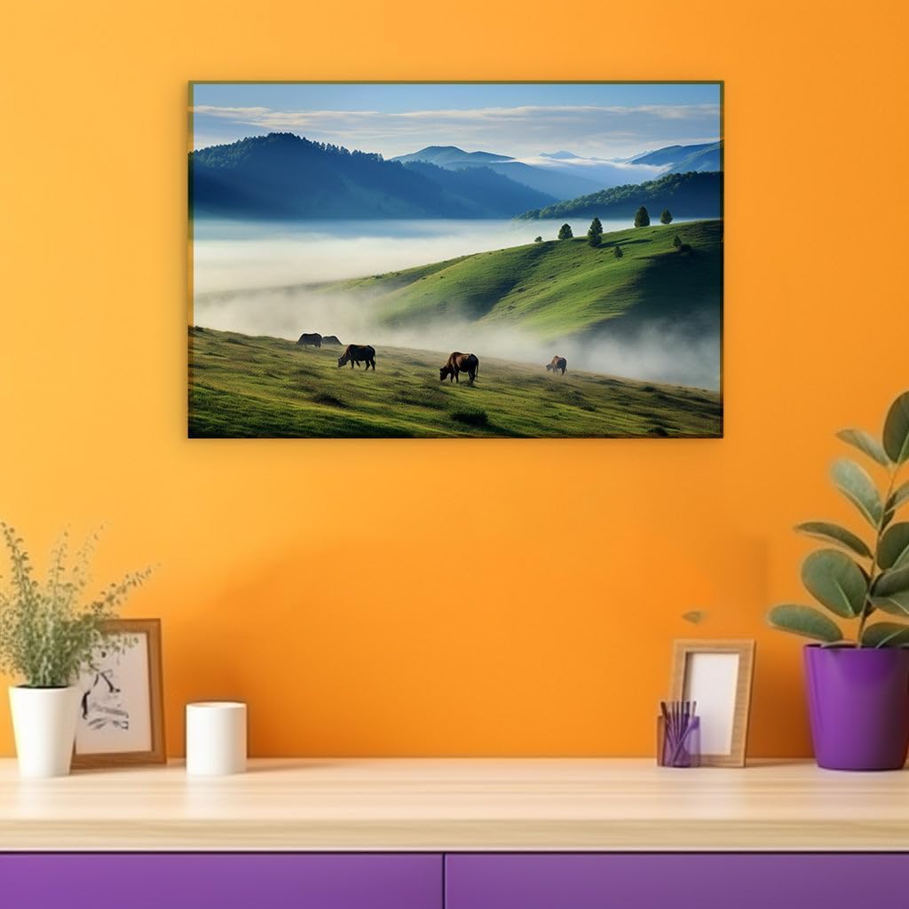 Canvas for Living room. Grazing Grace: A Quintet of Horses Amidst the Tranquility of a Misty Rural Eden, 27 x 18 inch Canvas Wall Art - Contemporary Masterpieces - Nature Home Decor