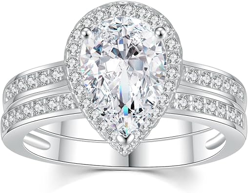 CEJUG 2Ct Teardrop Bridal Rings Sets for Women Halo Pear Cubic Zirconia Solitaire Promise Engagement Rings 18K Gold Plated 6-10