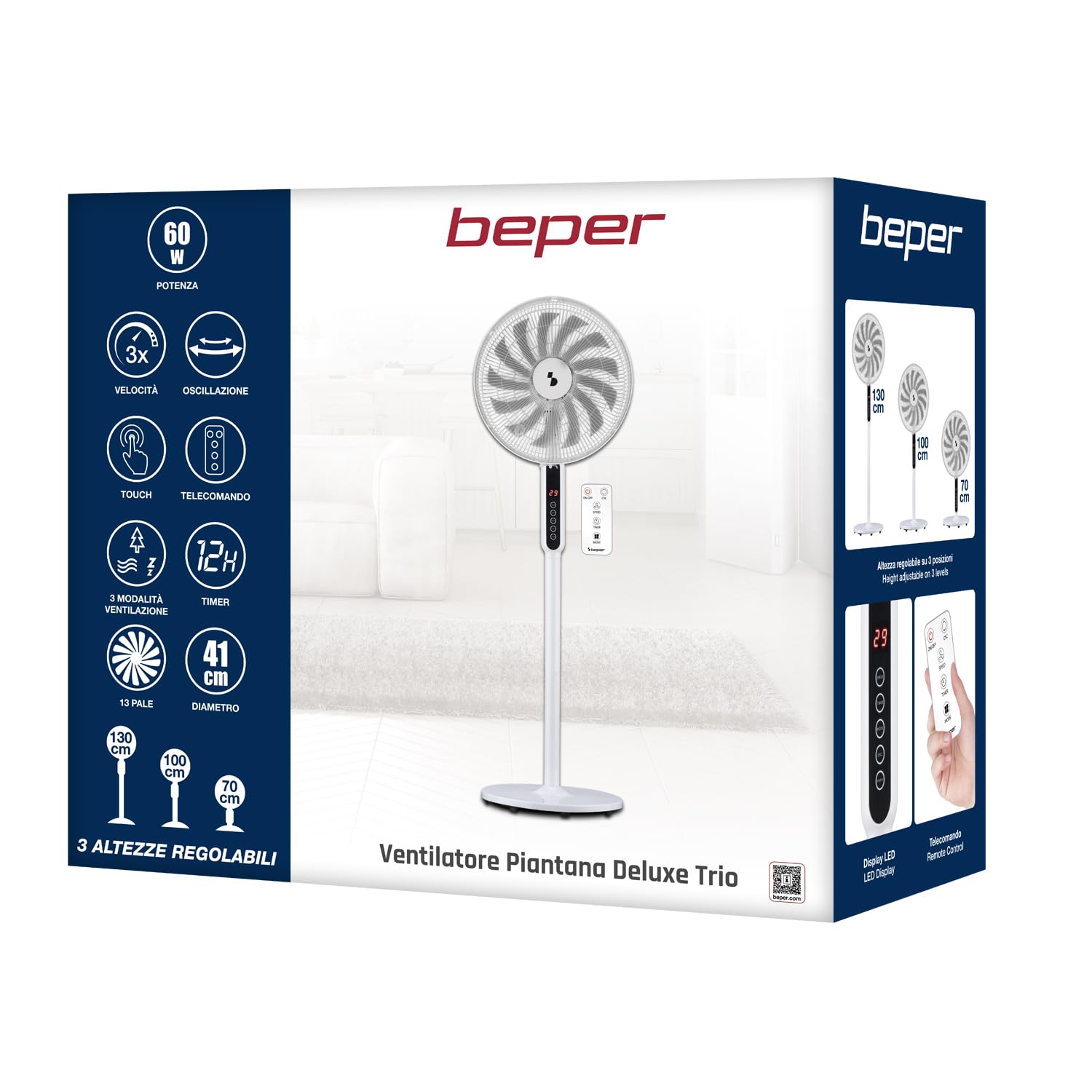 BEPER P206VEN154 Ventilatore a Piantana 13 Pale con Telecomando, 41 cm, 3 Velocità e 3 Modalità, Timer 12h, Oscillante, Altezza Regolabile 70-130 cm, Display Digitale