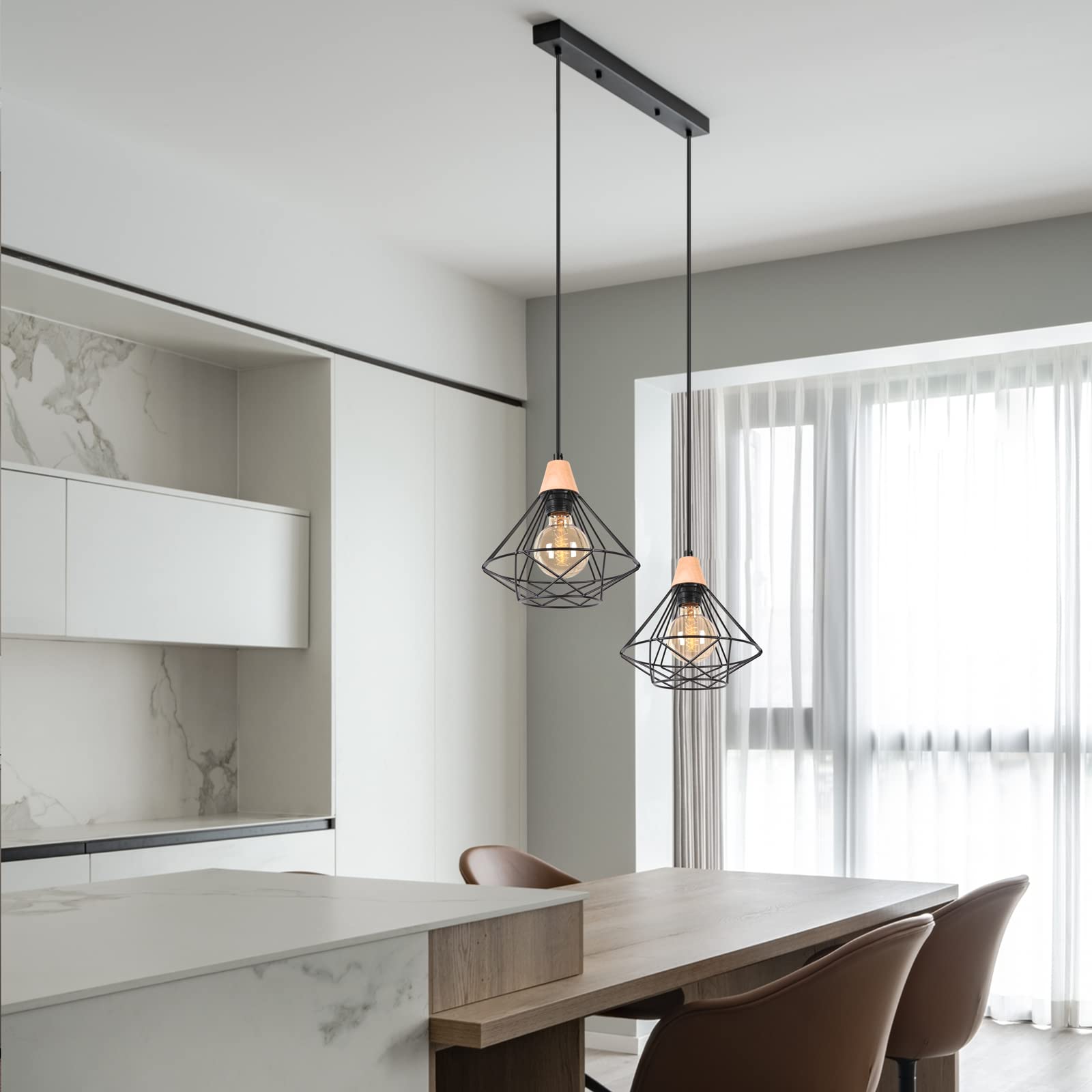 iDEGU 2 Luci Lampadario a Sospensione Vintage Industriale, Lampada da Soffitto in Legno e Metallo Nero Gabbia Geometrica 22cm Retro Lampada a Sospensione Interni per Camera da Letto Cucina (Piatto)