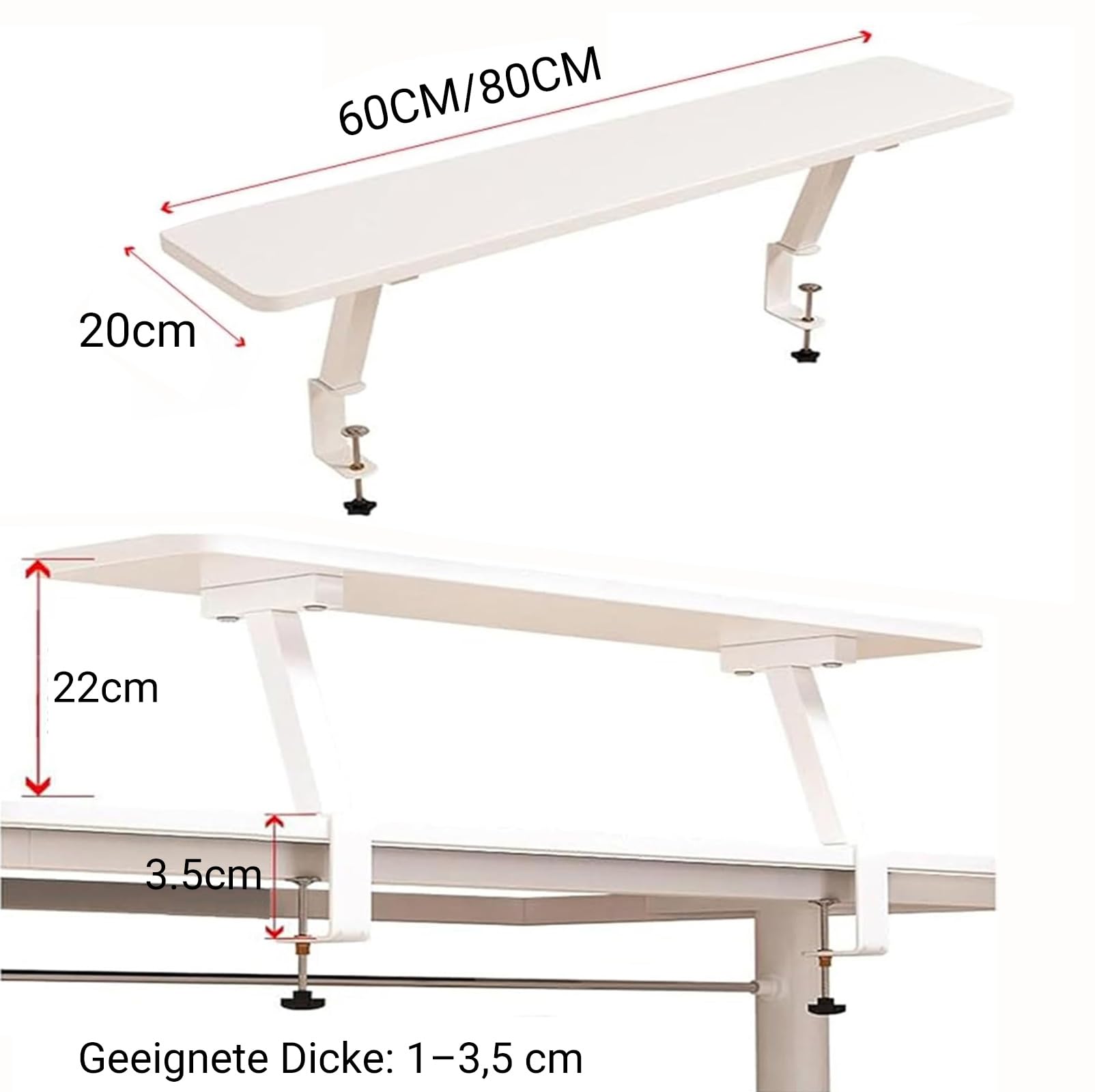 Klemmbares Schreibtisch Organizer Regal, Schreibtischregal Adjustable Desk Shelf Clamp Tischverlängerung, Klemmbare Tischregal für Office Schule (Weiß, 80x20cm)