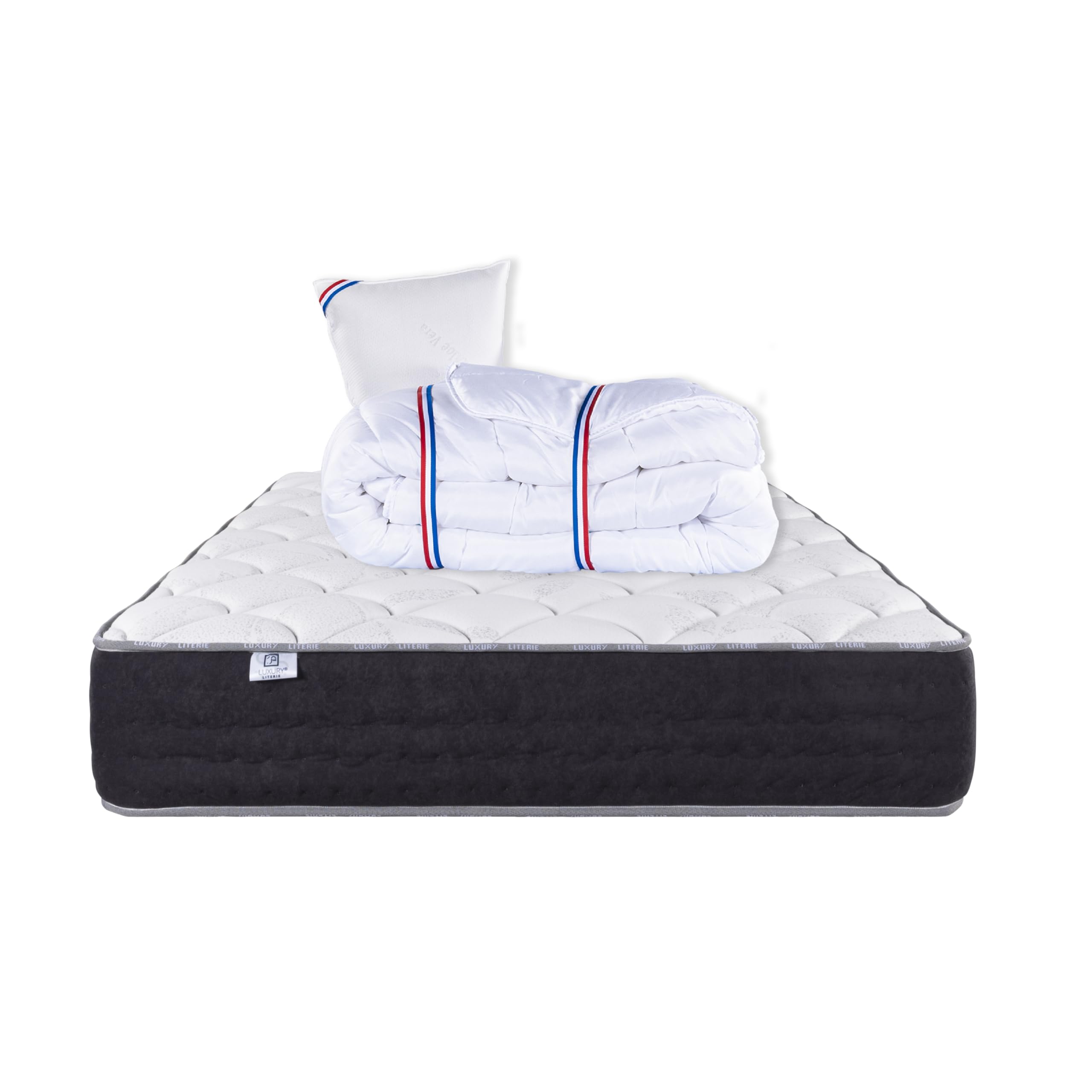 Luxury Literie - Colchón de 90 x 190 cm, serenidad, muelles ensacados, espuma de alta densidad, ergonómica, soporte muy firme + almohada + edredón