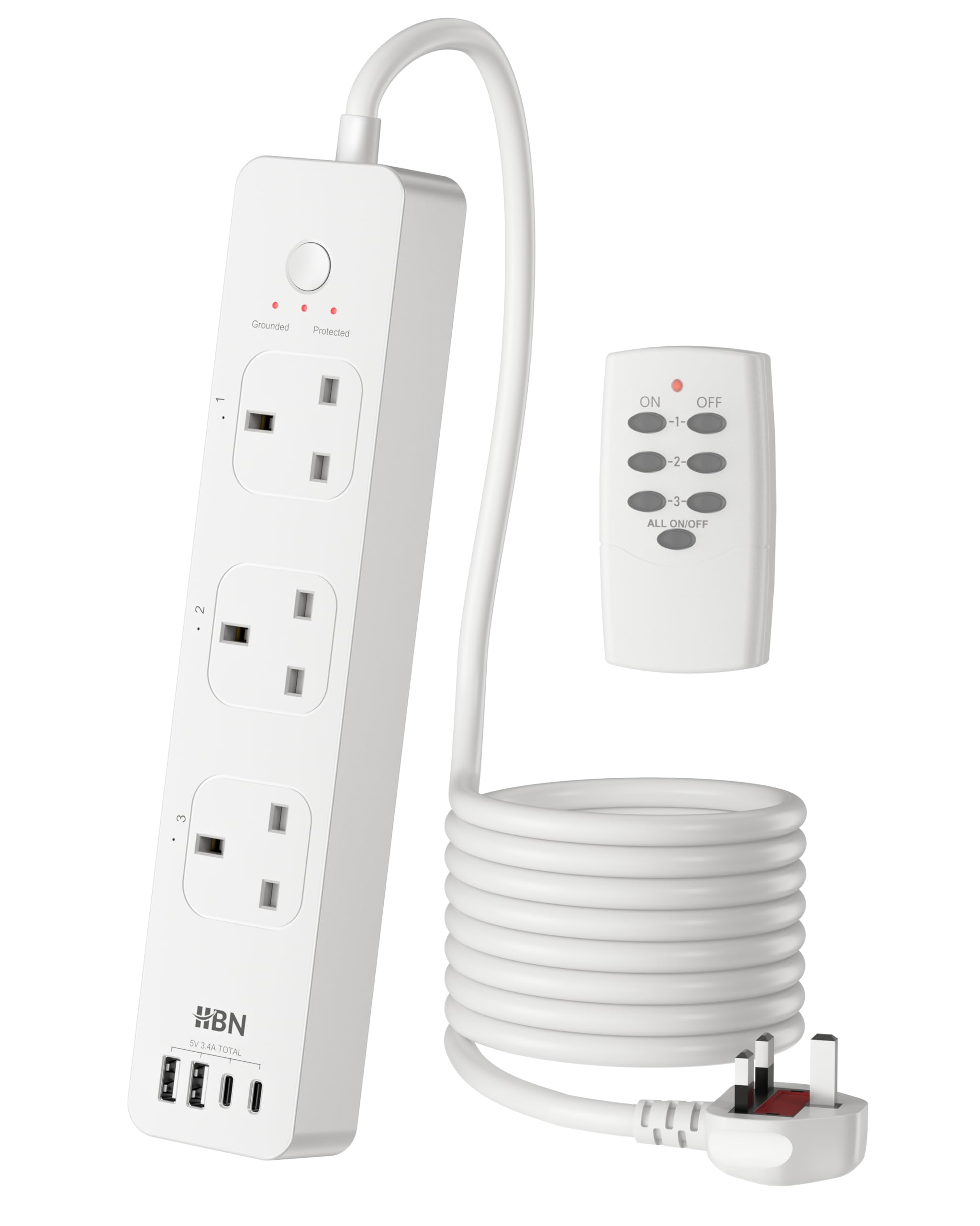HBN Remote Control Extension Lead with 3 Individually Controlled Outlets,Surge Protection Power Strip with 2M Cable,Plug Extensions Socket with 4 USBs (incl.2USB-C),13A