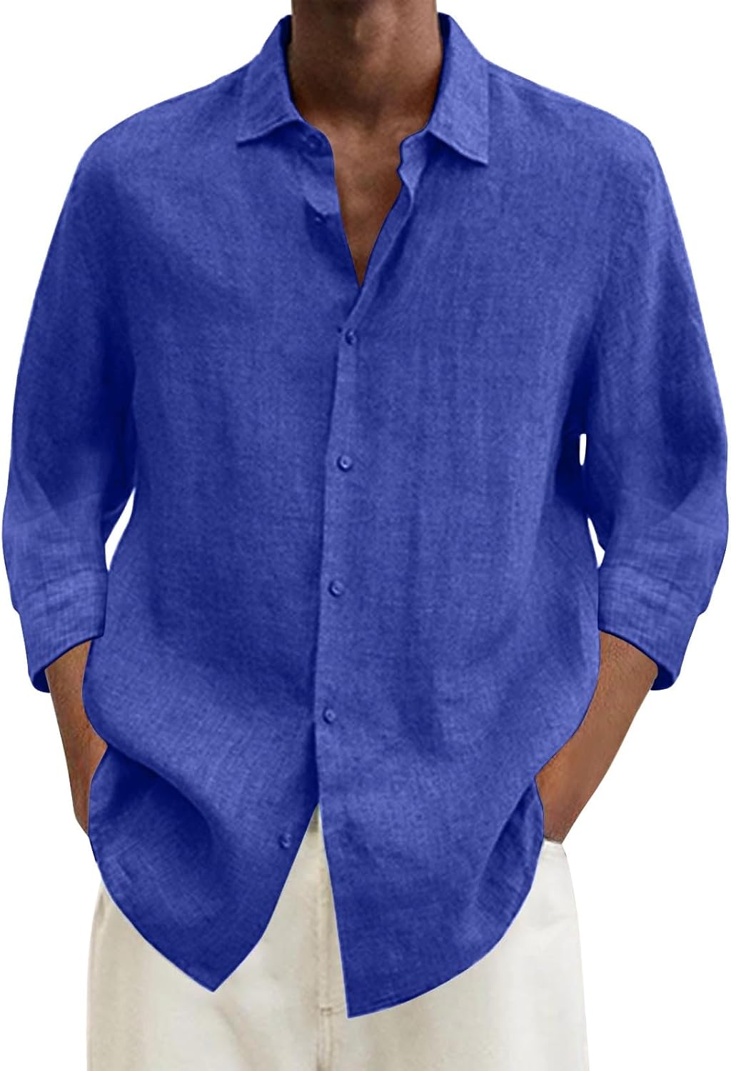 WZIKAI Camicia Uomo In Misto Cotone E Lino, Maniche Arrotolabili, Colore Blu, Taglia XX-Large – Casual Estivo Con Scollo A V