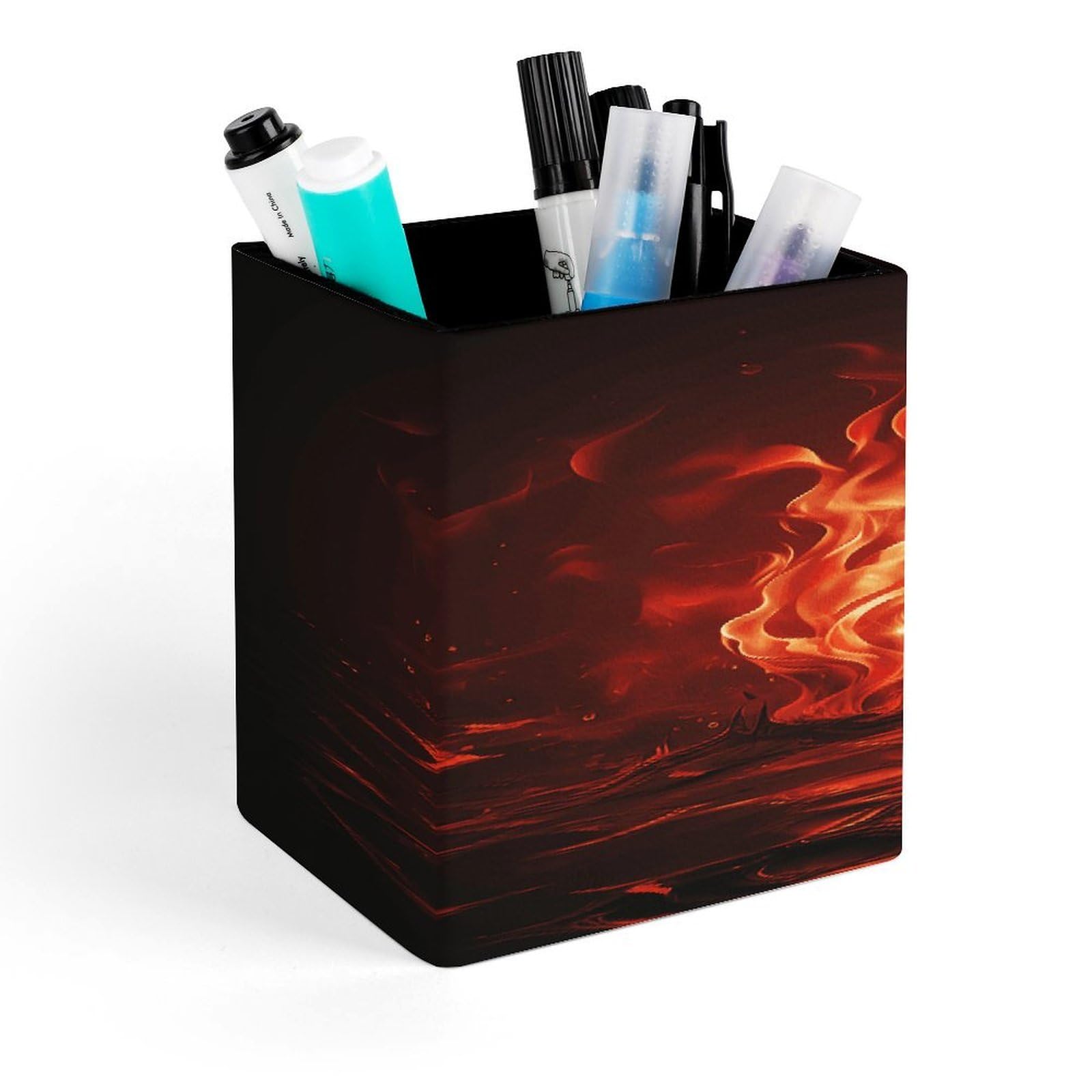 FekiLoot Red Flame Pencil Holder for Desk Square Leather Pen Holder Cup Desktop Organizer Multi-Functional Pencil Cup Holders Modern Decorative Desk Organizer Caddy Makeup Brush Holders