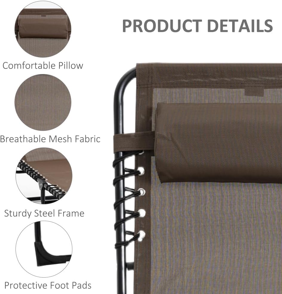 Reclining Chaise Lounge Chair, Portable Sun Lounger, Folding Camping Cot, with Adjustable Backrest and Removable Pillow, for Patio, Garden, Beach, Brown