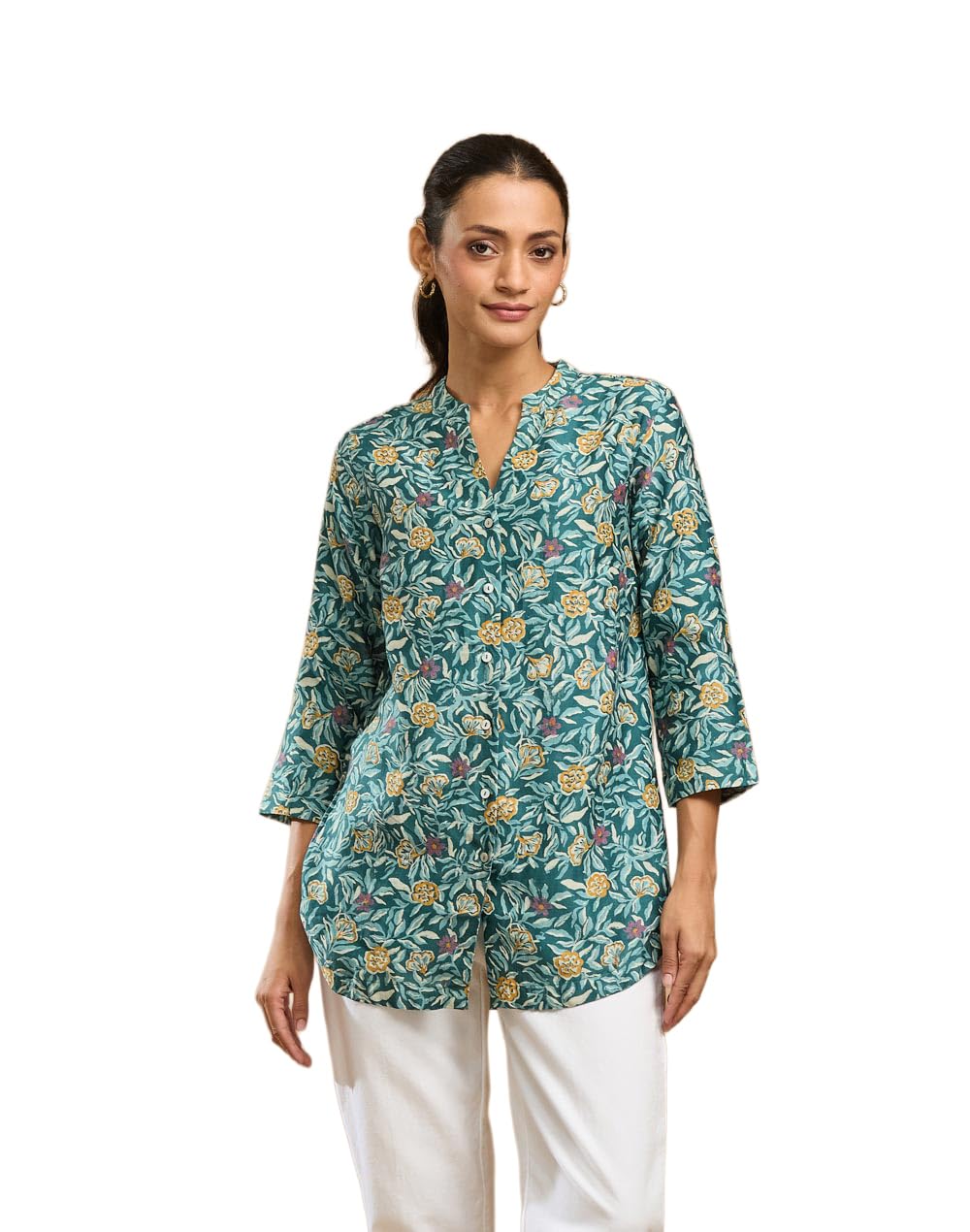 fabindia Green Cotton Silk Hand Block Printed Tunic (1044473GREEN-WHITE)-picture-10
