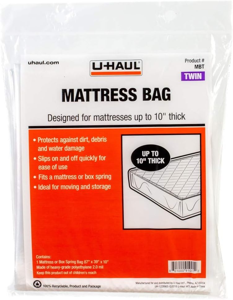 U-Haul Standard Twin Mattress Bag – Moving & Storage Cover for Mattress or Box Spring - 87” x 39” x 10”