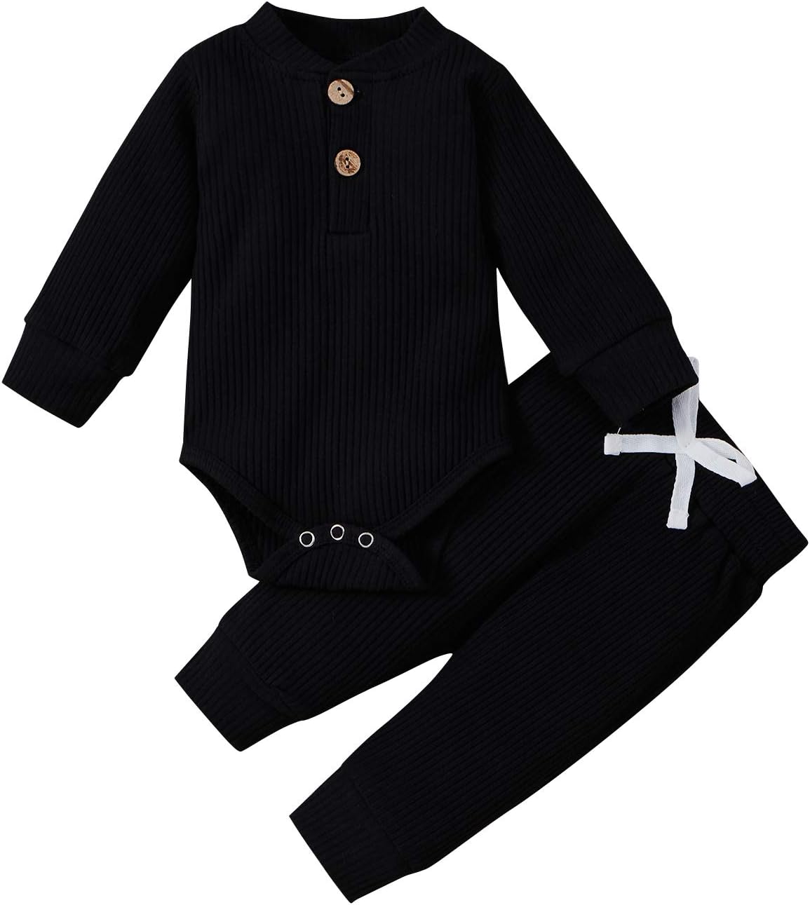Newborn Baby Boy Girl Clothes Ribbed Knitted Cotton Long Sleeve Romper Long Pants Solid Color Fall Winter Outfits