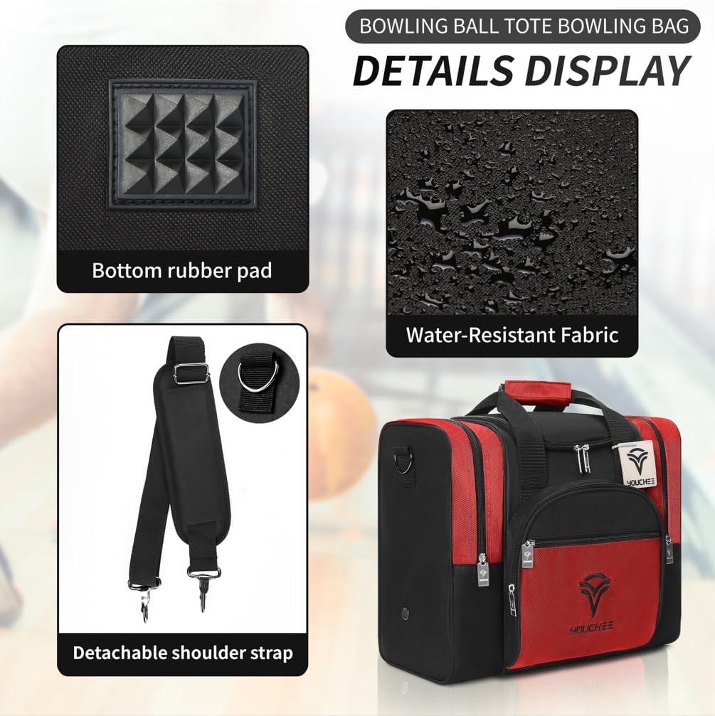 Single Ball Bowling Bag with Padded Ball Cup, Fits Men's Bowling Shoes Up to Size 15, Durable 600D Fabric Bowling Tote with Accessory Pockets for League & Practice
