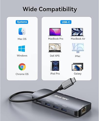 Miniatura 2 de ABLEWE Hub Ethernet USB C, multipuerto USB C a HDMI, adaptador USBC 8 en 1 4K a 60Hz, 1000 Mbps, 1000 W PD, 3 puertos USB 3.0, estación de