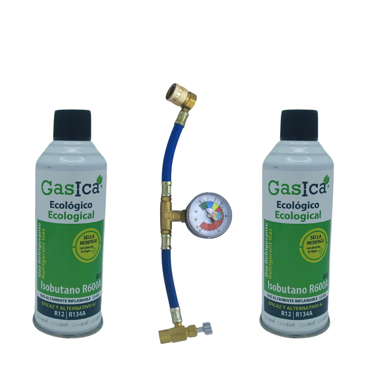 Pack Ahorro gásica, Gas Organico Ecologico Alternativo R134a y R12 Gasica, El Kid De Compone De Dos Unidades Mas Una Manguera De Carga con Manómetro, Uso Profesional