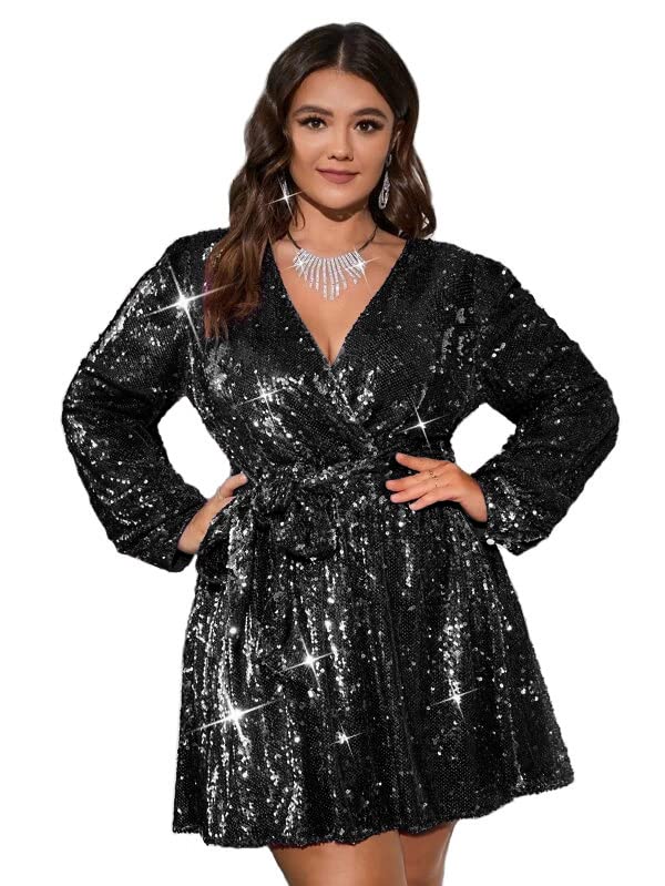 Image of 828 - Plus Size Long Sleeves Wrapped V Neck Sequins Skater Style Cocktail Evening Club Dress