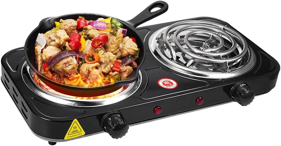 ( used) 2000w hot plate for cooking, portable electric double coil burner for kitchen camping with dual control & 5 level temperature control, electric double burner cooktop, easy to clean hot plate burners