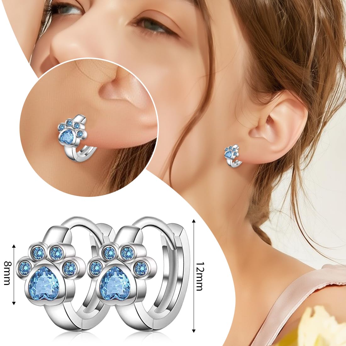 Aretes de pata de gatos con diseño huella Cristal Circonita, Joyería Elegante para niña, Azul Brillante