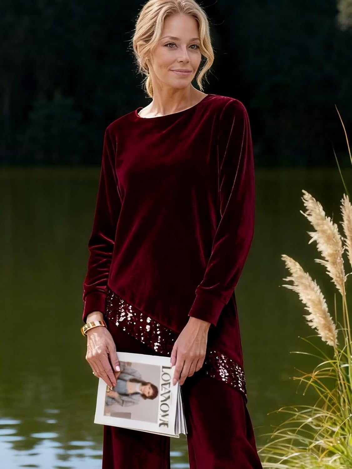 Velvet Mother of The Bride Pants Suits for Wedding Long Sleeve Sequin Formal Outfit Sets 2 Piece Sets Pants Dressy