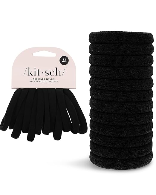 Kitsch Nylon Hair Ties No Damage - Stretchable Elastics for Strong All-Day Hold, Ponytail Holders | Hair Accessories for Women & Girls | Ideal Gifts for Women - Black, 12 Pcs