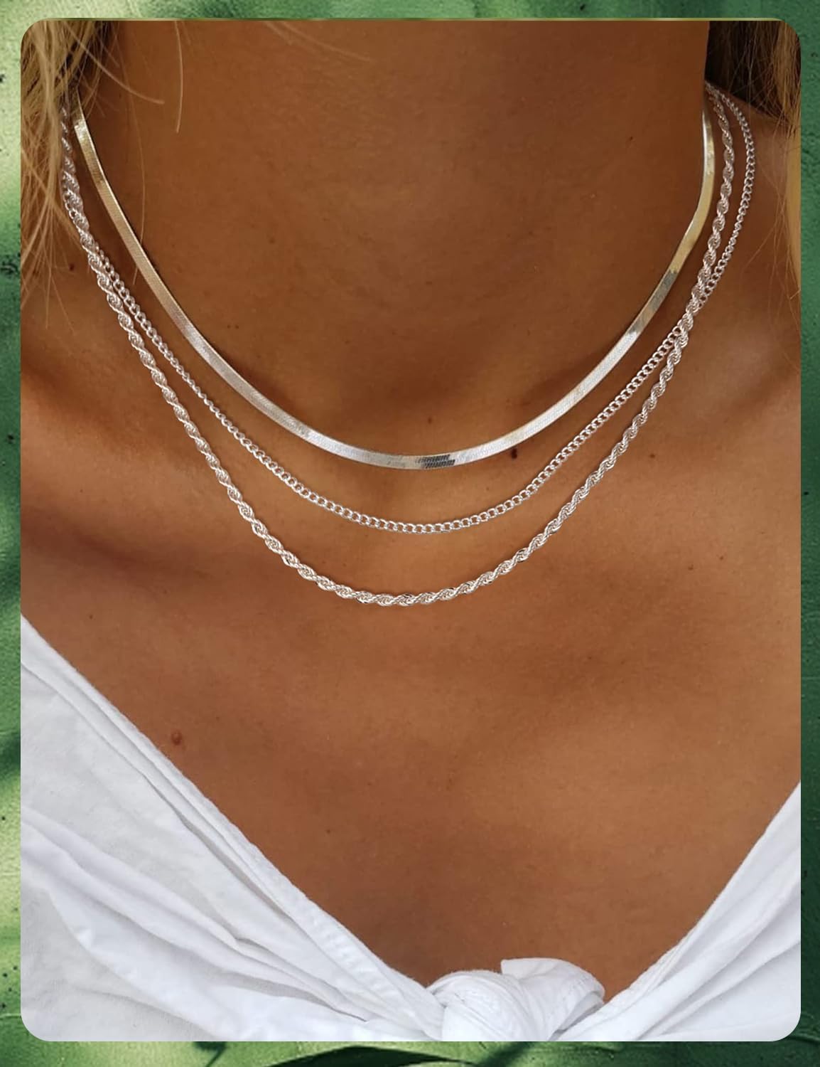 Gold & Sterling Silver Necklace Set for Women, 3 Layer Chain Necklaces - Adjustable Cuban Rope Herringbone Layered Necklaces for Women Trendy Jewelry Gift - Image 2