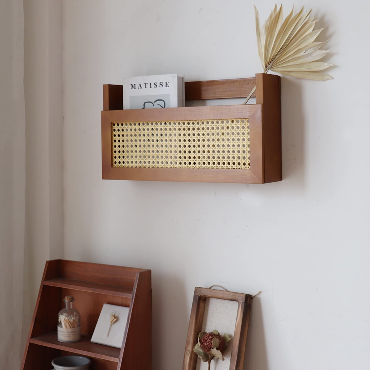 FIRADE Wall Magazine Rack - Brown Wood & Rattan -2