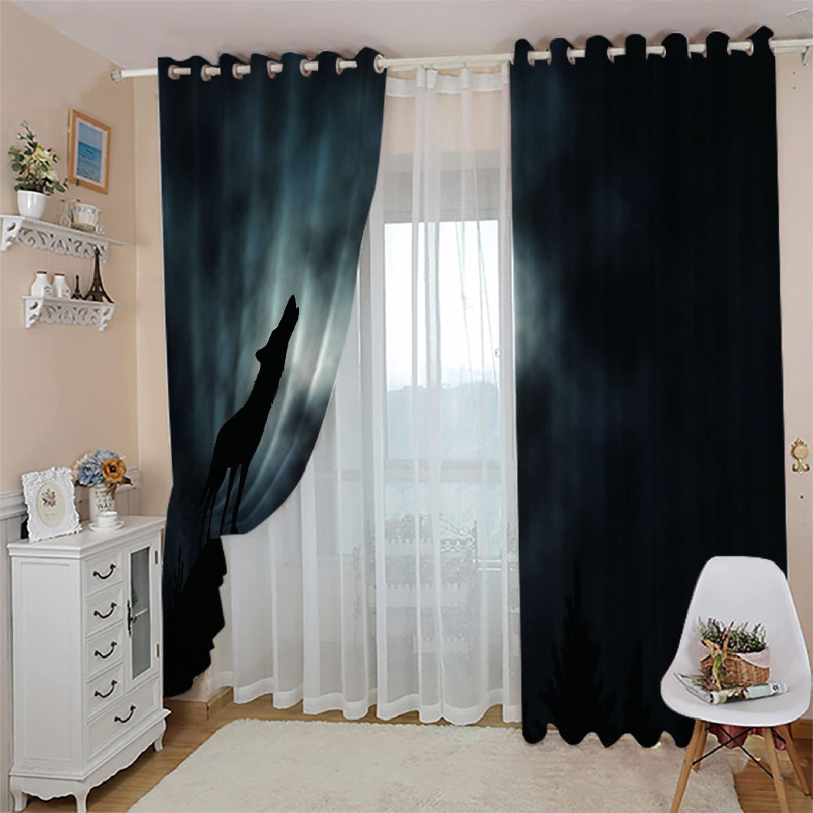 CYSYLQW Wolf Verdunkelungsvorhänge 2er Set – Blickdichte Gardinen Mit Ösen, 150 X 166 Cm