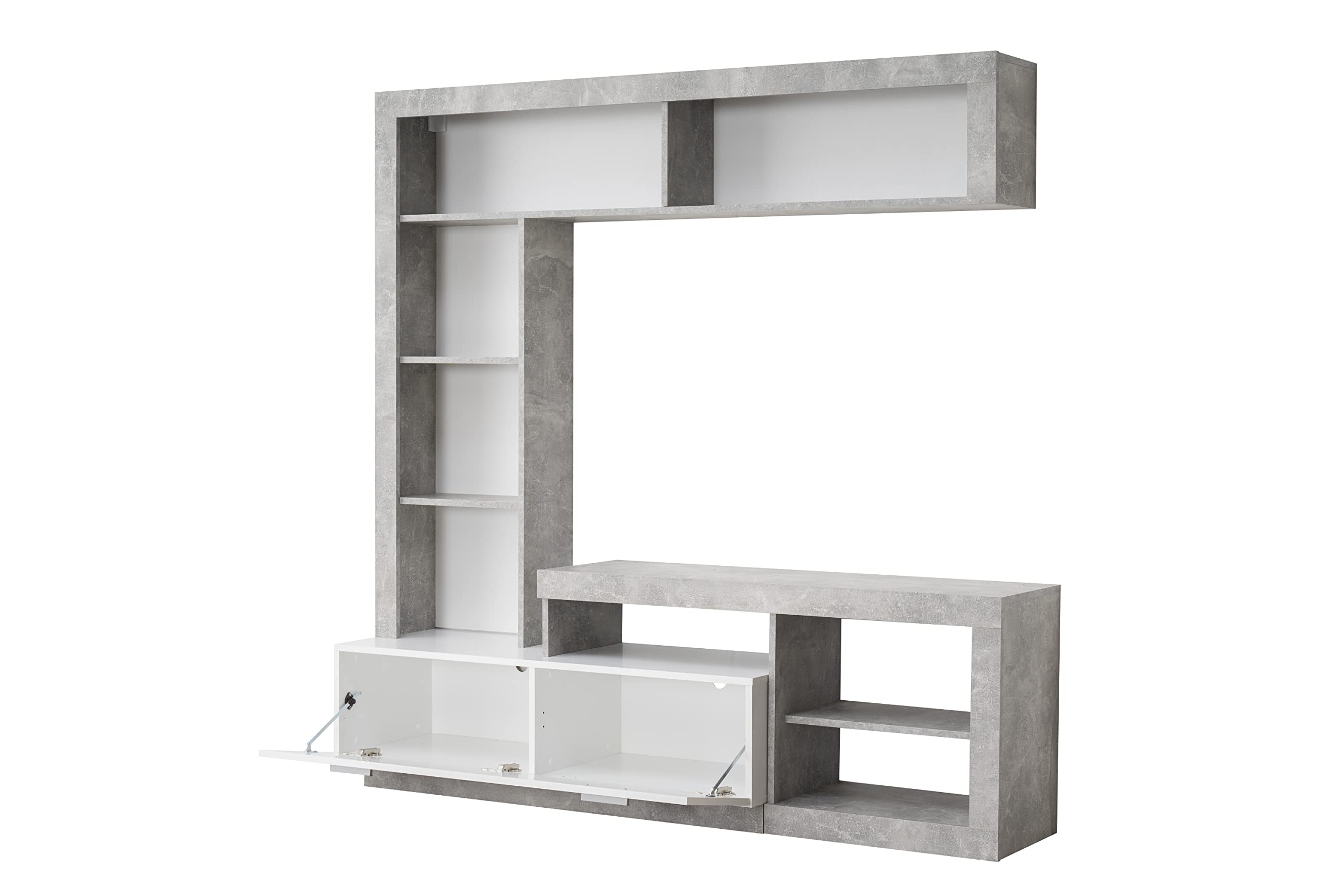 AVANTI TRENDSTORE - Glendo - Parete multimediale in legno laminato nel colore grigio cemento e bianco con tanti vani aperti e una porta a ribalta. Dimensioni LAP 171x171x42 cm