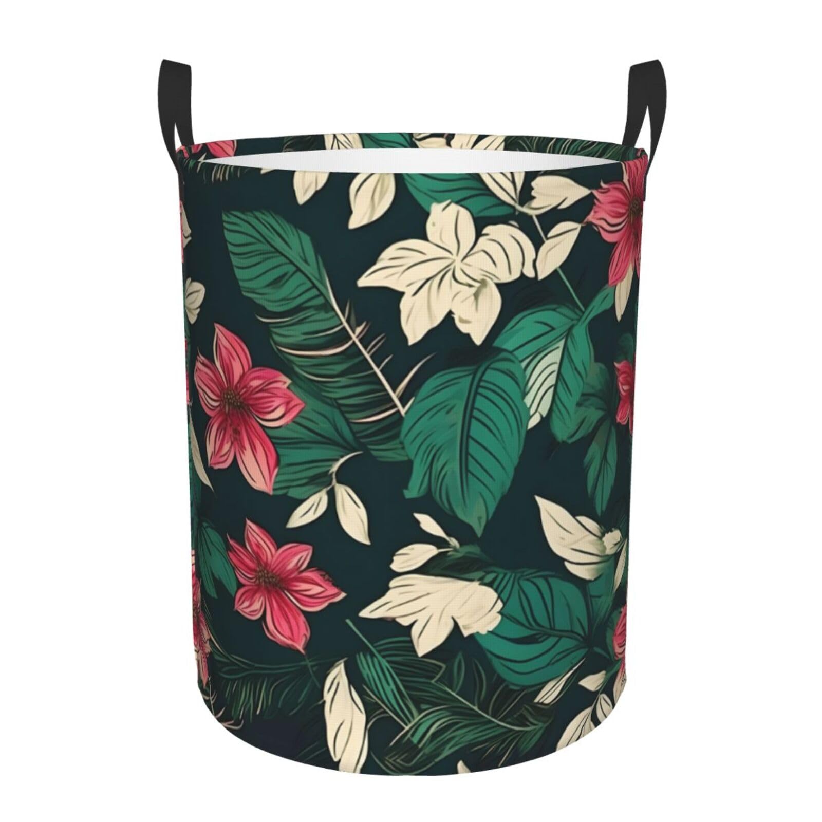 S Collapsible Laundry Hamper Round flower leaf Print Storage